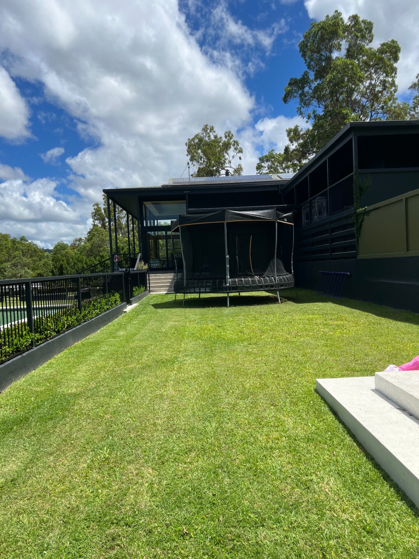 Large backyard lawn mowed in clean stripes beside a pool fence and garden bed hedging