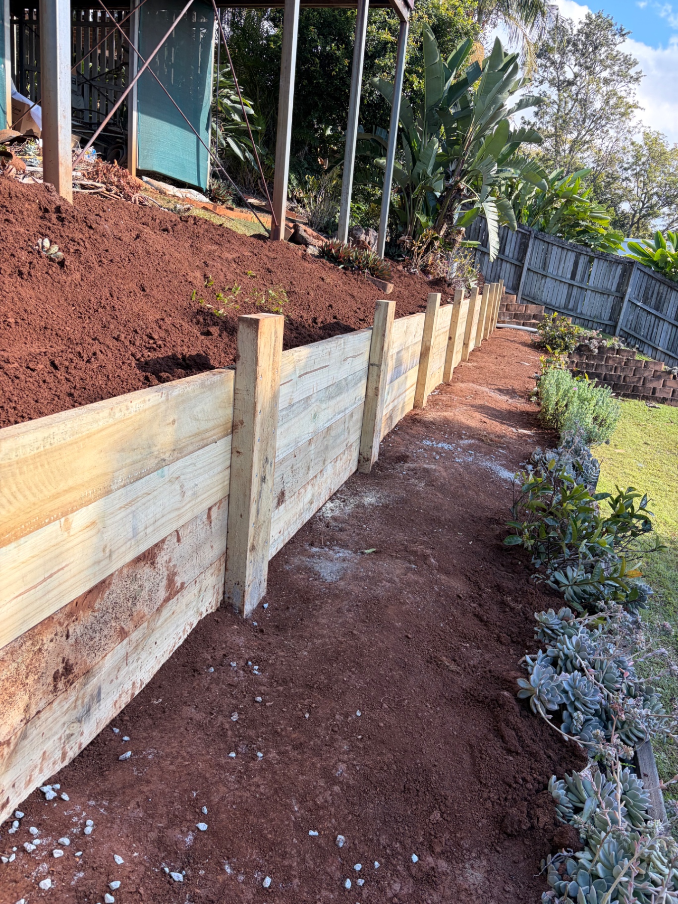 New treated pine sleeper retaining wall with steel posts holding back fresh red soil on a sloping backyard